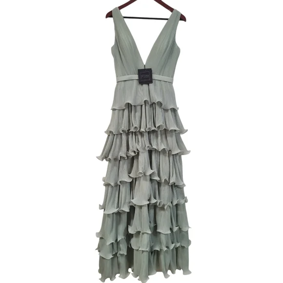 New Mac Duggal Green Ruffle Tired Sleeveless Formal Gown Size 2 Maxi Dress - Picture 2 of 7